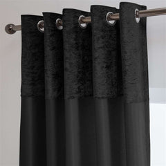 Chloe Crushed Velvet Band Fully Lined Faux Silk Eyelet Curtains (Black - Black)