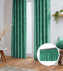 Crushed Velvet Fully Lined Ready Made Pencil Pleat Curtains (Emerald Green)