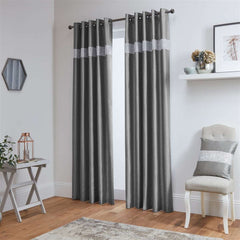 Lined Faux Silk Diamante Eyelet Curtains – Ready Made (Grey)