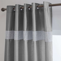 Lined Faux Silk Diamante Eyelet Curtains – Ready Made (Grey)