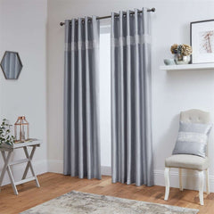 Lined Faux Silk Diamante Eyelet Curtains – Ready Made (Silver)