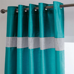 Lined Faux Silk Diamante Eyelet Curtains – Ready Made (Teal)