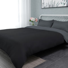 Reversible Plain Duvet Cover Bedding Set With Pillowcase (Grey - Black)