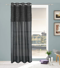 Elsa Faux Silk Eyelet Curtain Panel With Luxurious Fur Top (Black )