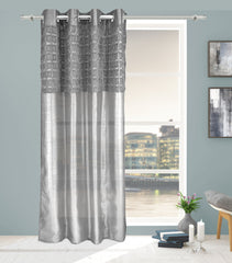 Elsa Faux Silk Eyelet Curtain Panel With Luxurious Fur Top (Silver)