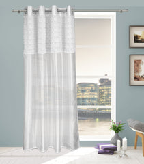 Elsa Faux Silk Eyelet Curtain Panel With Luxurious Fur Top (White)
