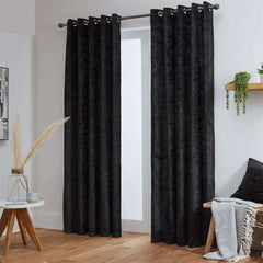 Crushed Velvet Fully Lined Ready Made Eyelet Curtains (Black)