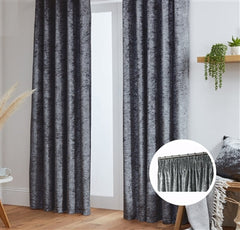 Crushed Velvet Fully Lined Ready Made Pencil Pleat Curtains (Dark Grey)