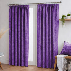 Crushed Velvet Fully Lined Ready Made Pencil Pleat Curtains (Aubergine)