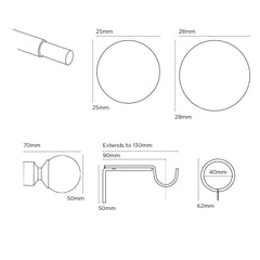 Pristine Extendable Curtain Ball Pole 25-28mm Diameter (Chrome, 120-210cm Length)