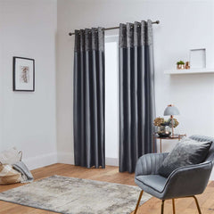 Chloe Crushed Velvet Band Fully Lined Faux Silk Eyelet Curtains (Grey)