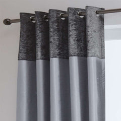 Chloe Crushed Velvet Band Fully Lined Faux Silk Eyelet Curtains (Grey - Silver)
