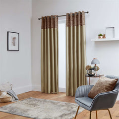 Chloe Crushed Velvet Band Fully Lined Faux Silk Eyelet Curtains (Mocha - Latte)