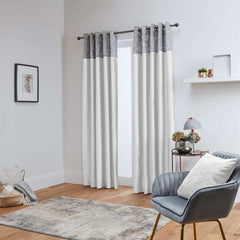 Chloe Crushed Velvet Band Fully Lined Faux Silk Eyelet Curtains (Silver - White)