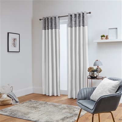 Chloe Crushed Velvet Band Fully Lined Faux Silk Eyelet Curtains (Silver - White)