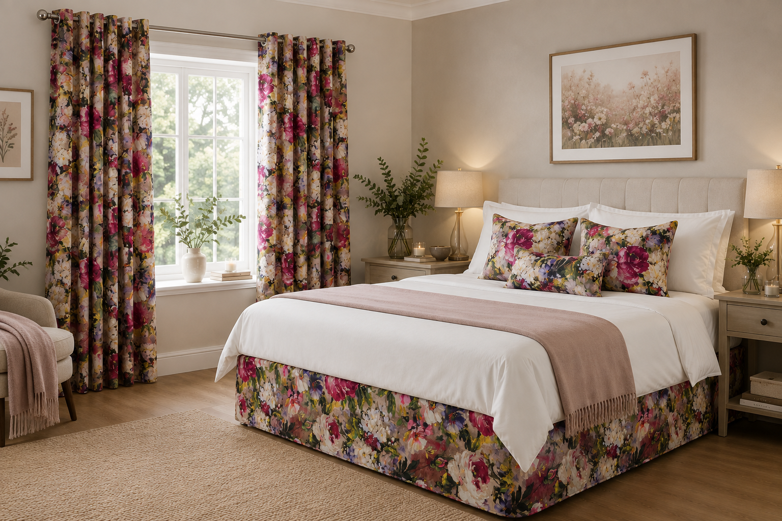 Florence Painterly Floral Thermal Blackout Eyelet Curtains, Ready Made Energy-Saving Dimout Curtain Pair, Pink Burgundy Cream & Lilac, Multiple Sizes
