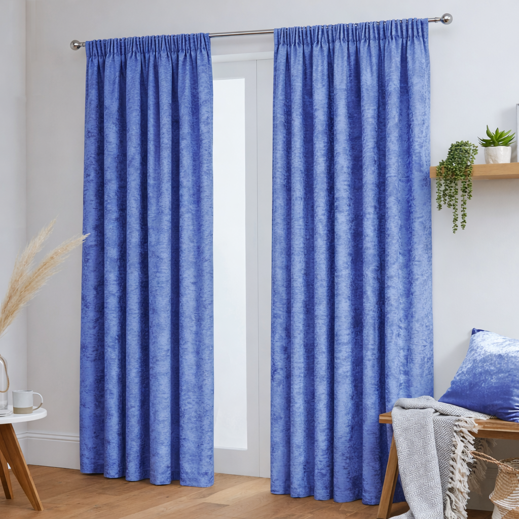 Crushed Velvet Fully Lined Ready Made Pencil Pleat Curtains (Blue)