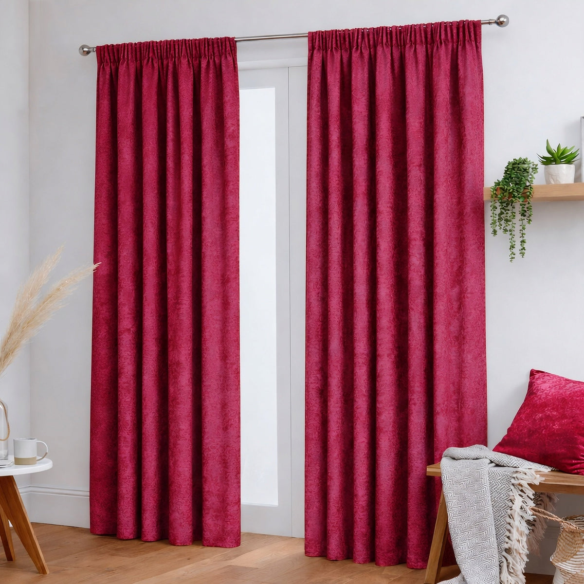 Crushed Velvet Fully Lined Ready Made Pencil Pleat Curtains (Red)