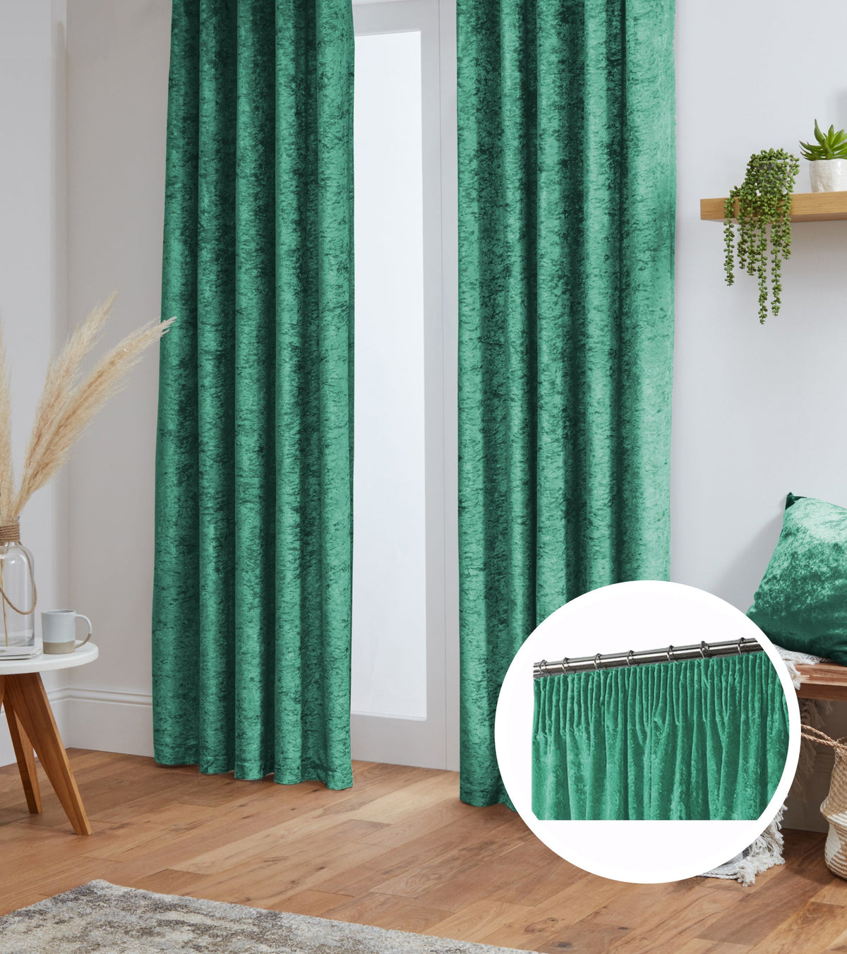 Crushed Velvet Fully Lined Ready Made Pencil Pleat Curtains (Emerald Green)