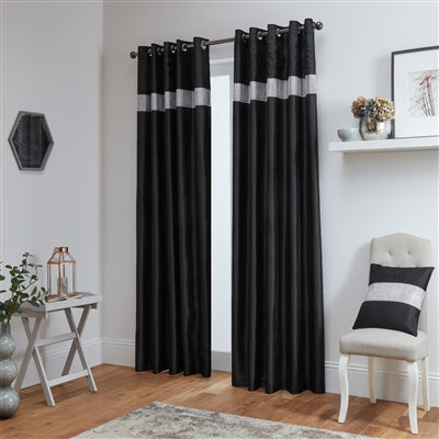 Lined Faux Silk Diamante Eyelet Curtains – Ready Made (Black)