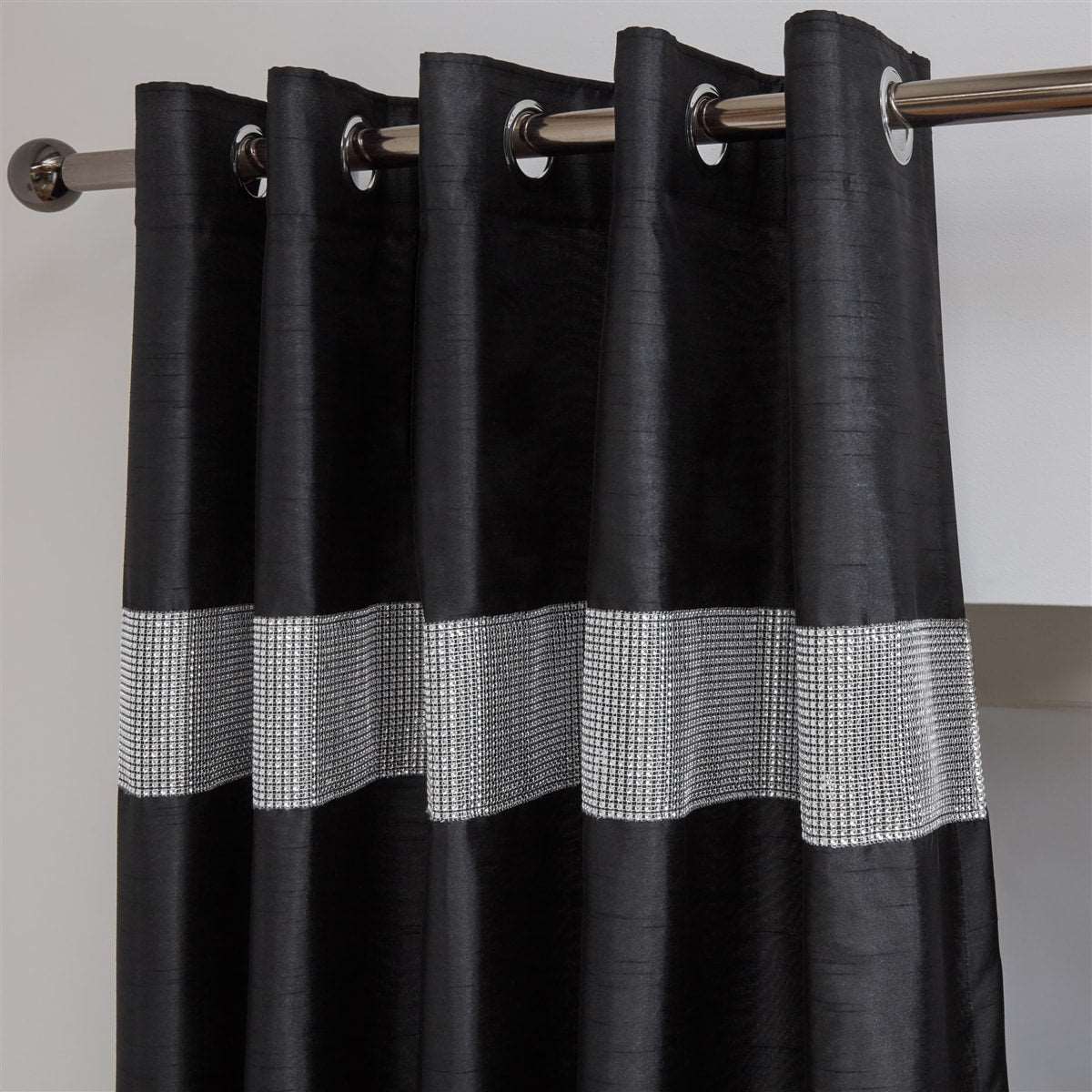 Lined Faux Silk Diamante Eyelet Curtains – Ready Made (Black)
