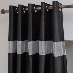 Lined Faux Silk Diamante Eyelet Curtains – Ready Made (Black)