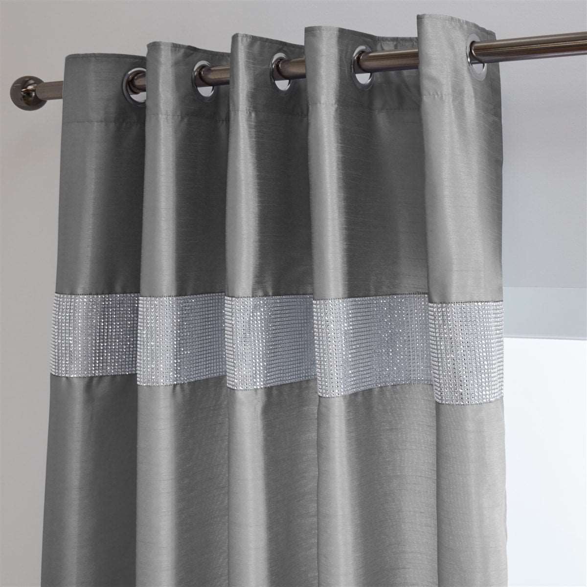 Lined Faux Silk Diamante Eyelet Curtains – Ready Made (Grey)