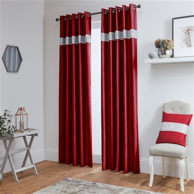 Lined Faux Silk Diamante Eyelet Curtains – Ready Made (Red)