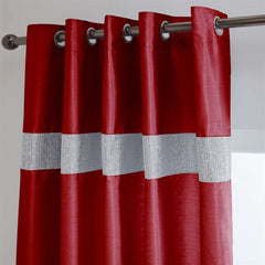 Lined Faux Silk Diamante Eyelet Curtains – Ready Made (Red)