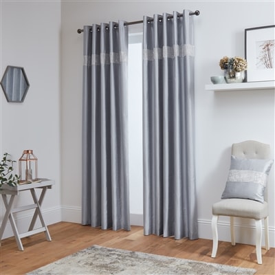 Lined Faux Silk Diamante Eyelet Curtains – Ready Made (Silver)