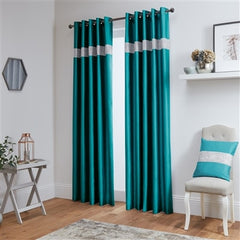 Lined Faux Silk Diamante Eyelet Curtains – Ready Made (Teal)