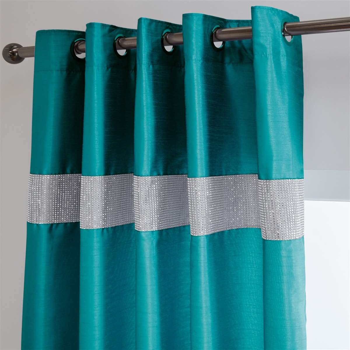 Lined Faux Silk Diamante Eyelet Curtains – Ready Made (Teal)