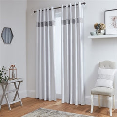 Lined Faux Silk Diamante Eyelet Curtains – Ready Made (White)