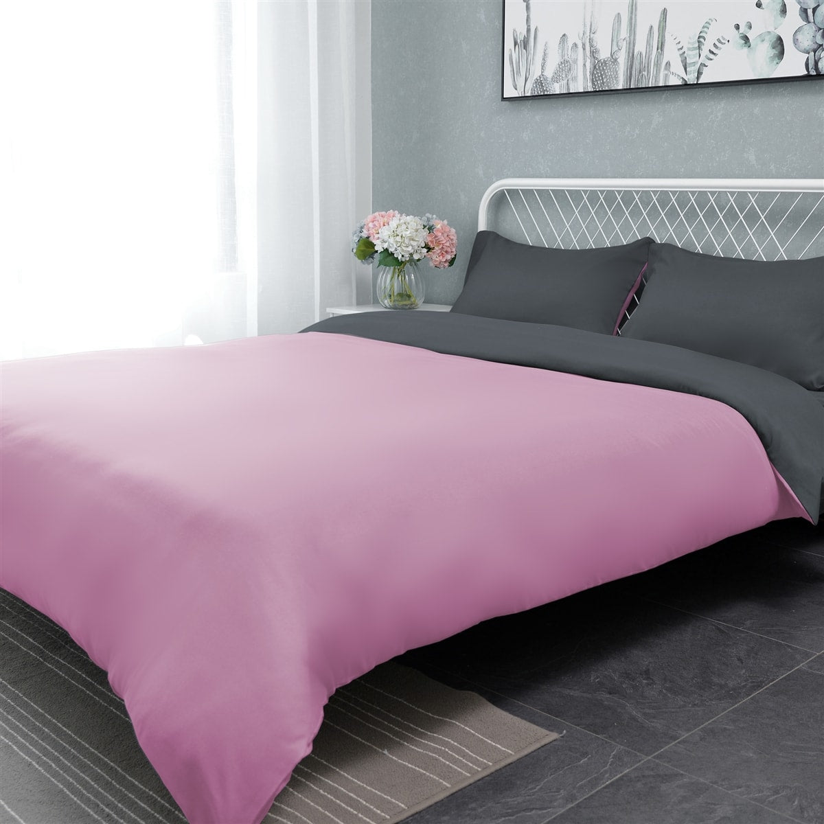 Reversible Plain Duvet Cover Bedding Set With Pillowcase (Grey - Pink)