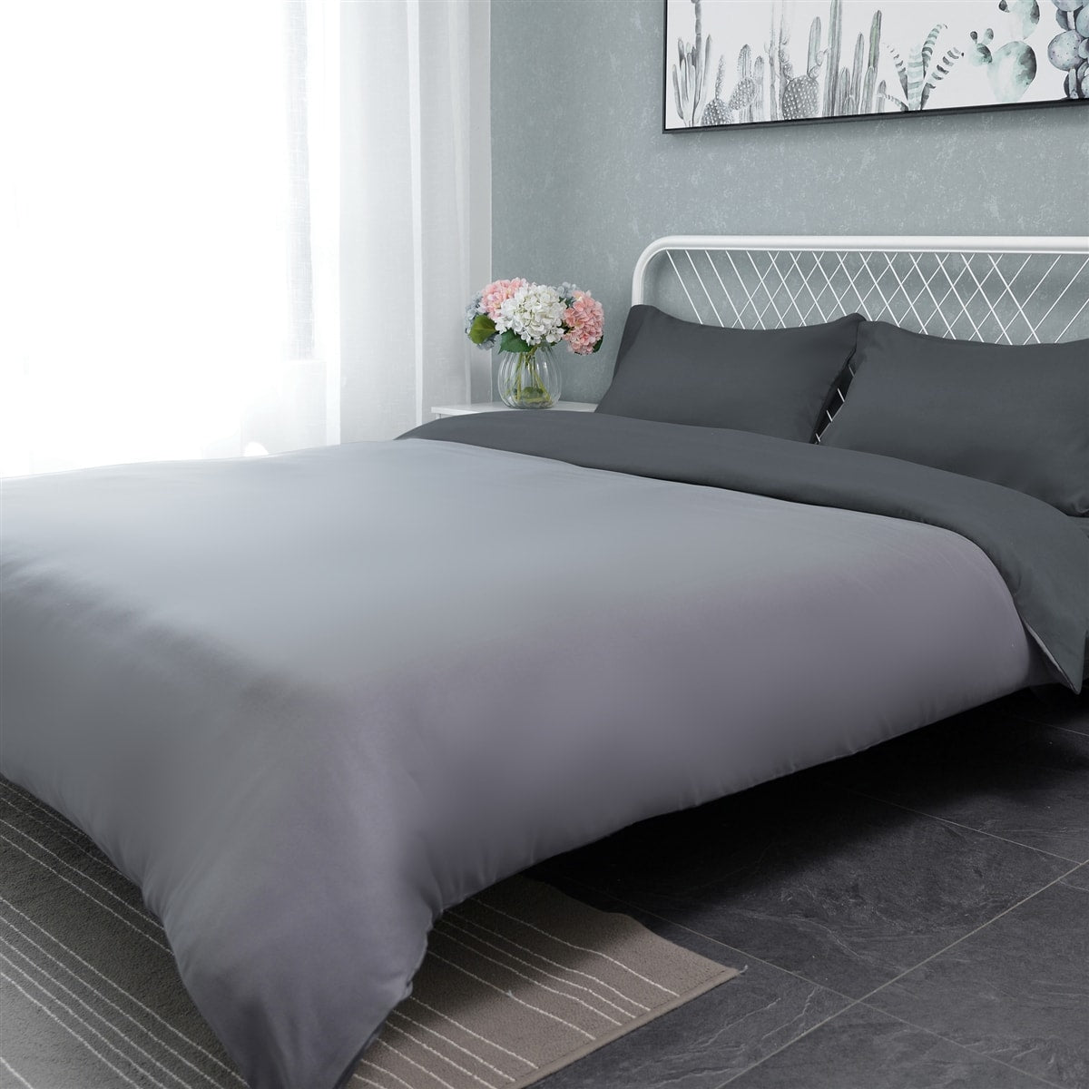Reversible Plain Duvet Cover Bedding Set With Pillowcase (Grey - Silver)