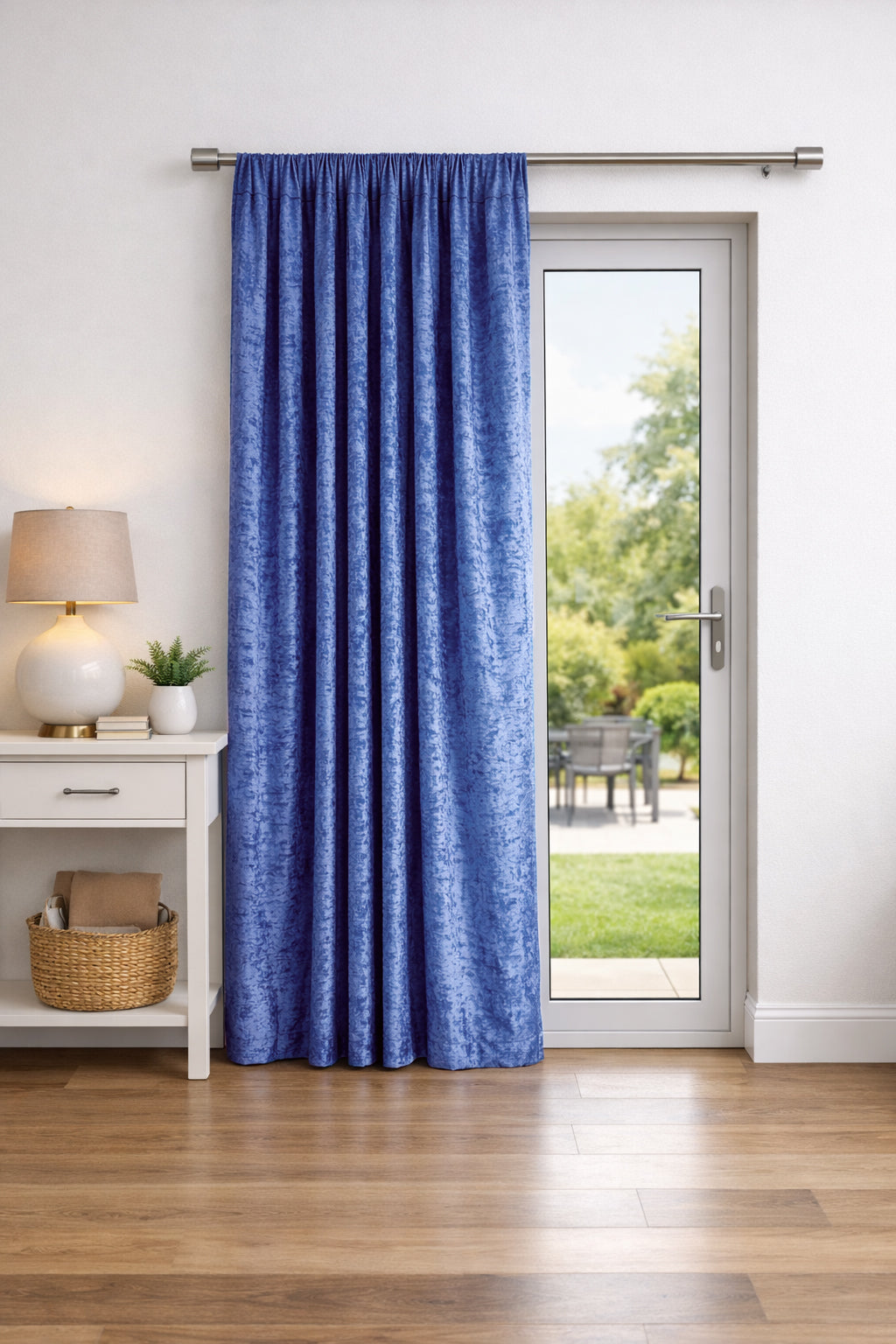 Crushed Velvet Fully Lined Ready Made Pencil Pleat Curtains (Blue)