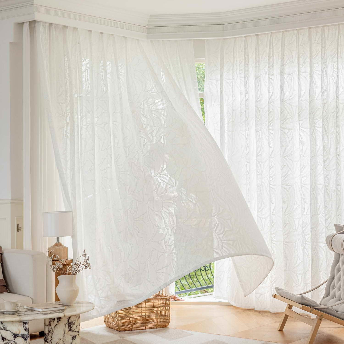 Eden Leaf Voile Eyelet Curtain Panel (White)