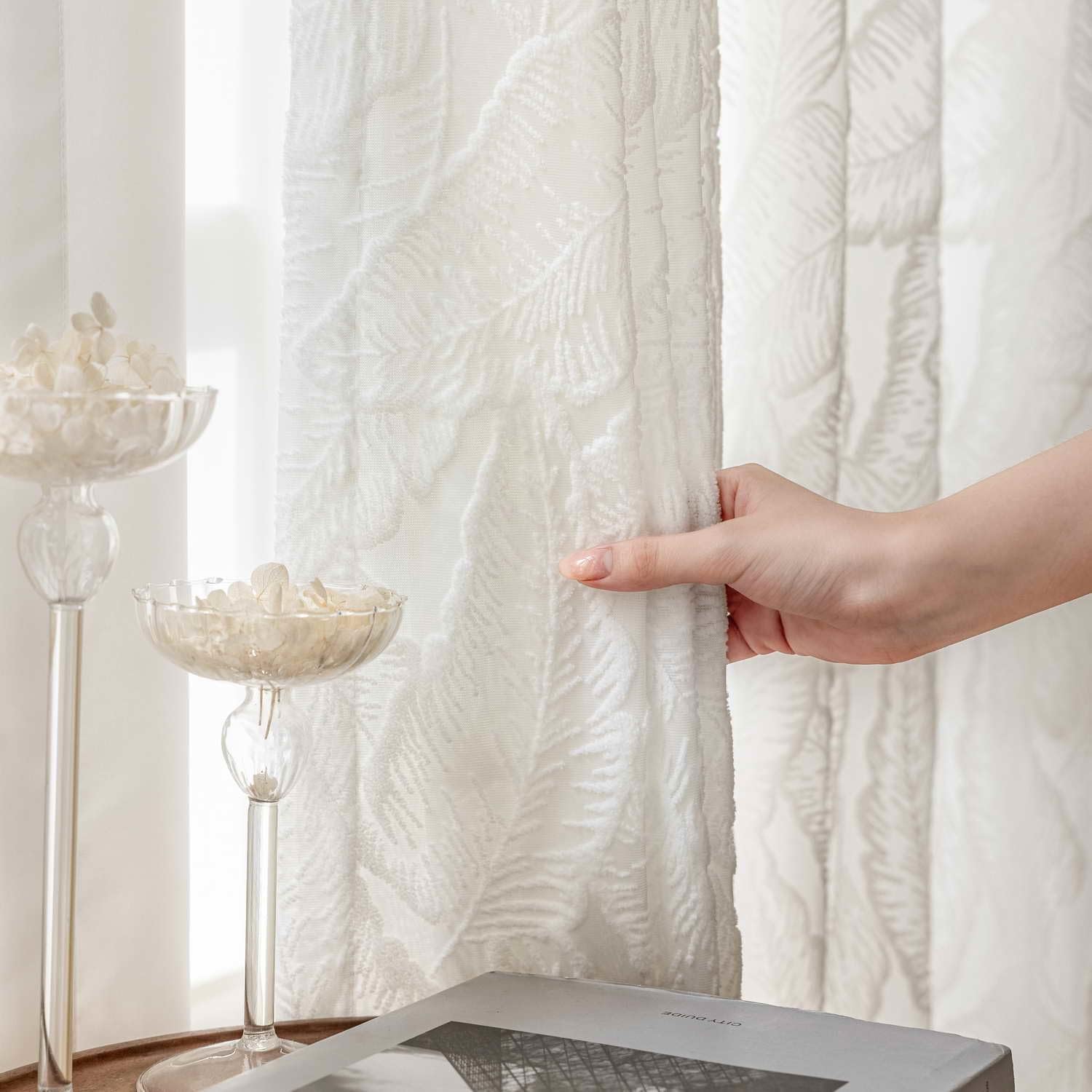 Eden Leaf Voile Slot Top Curtain Panel (White)