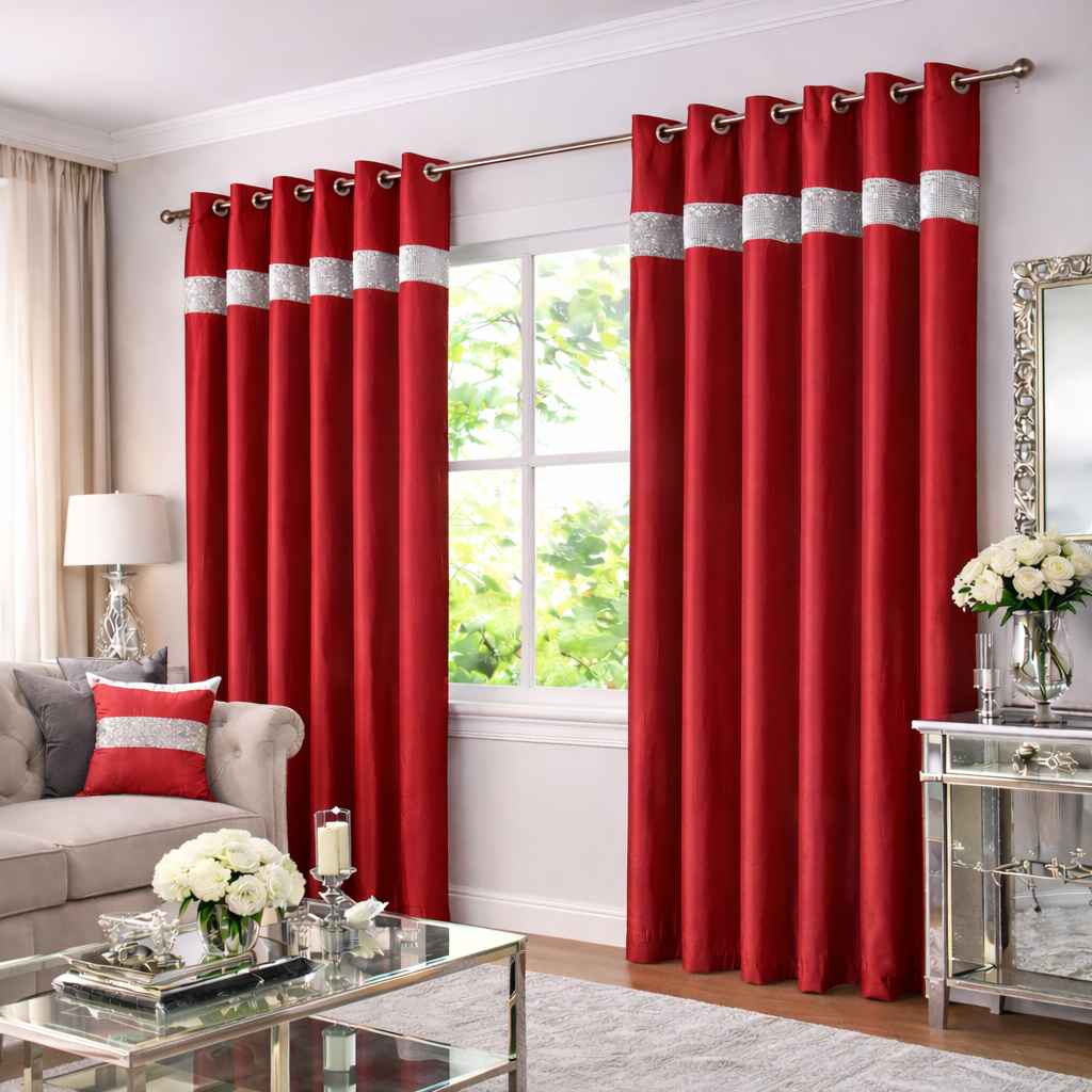 Lined Faux Silk Diamante Eyelet Curtains – Ready Made (Red)