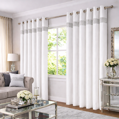 Lined Faux Silk Diamante Eyelet Curtains – Ready Made (White)