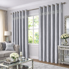 Lined Faux Silk Diamante Eyelet Curtains – Ready Made (Silver)