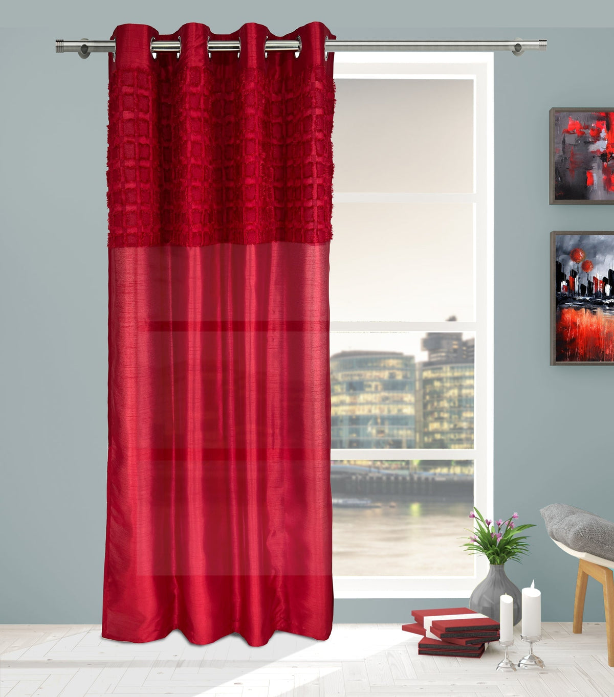 Elsa Faux Silk Eyelet Curtain Panel With Luxurious Fur Top (Red)