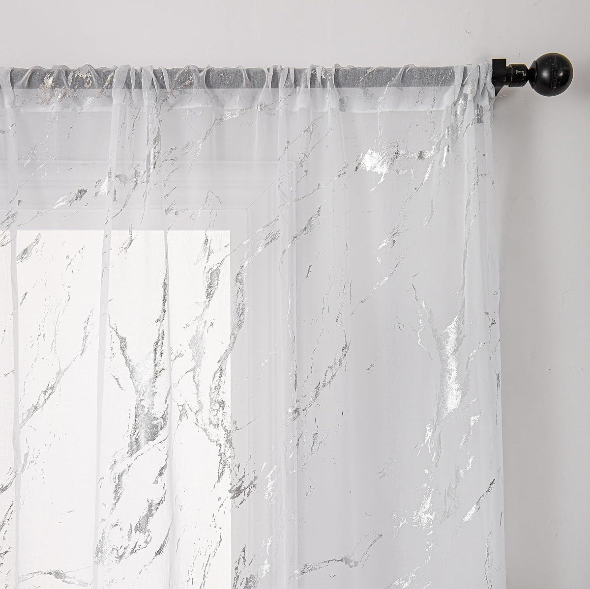 Elyse Marble Design Slot Top Voile Panel With Silver Foil