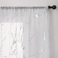 Elyse Marble Design Slot Top Voile Panel With Silver Foil