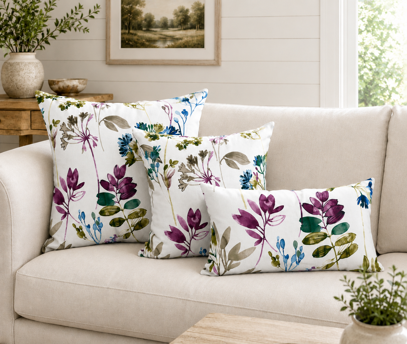 Emma Floral Botanical Pencil Pleat 3" Tape Top Thermal Curtains Watercolour Print Ready Made Pair