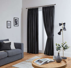 Faux Silk Pencil Pleat Fully Lined Curtains (Black)
