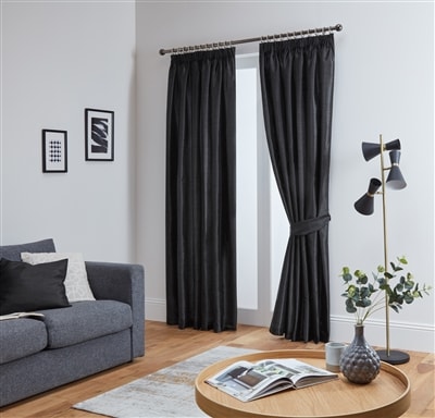 Faux Silk Pencil Pleat Fully Lined Curtains (Black)