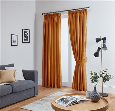 Faux Silk Pencil Pleat Fully Lined Curtains (Orange)