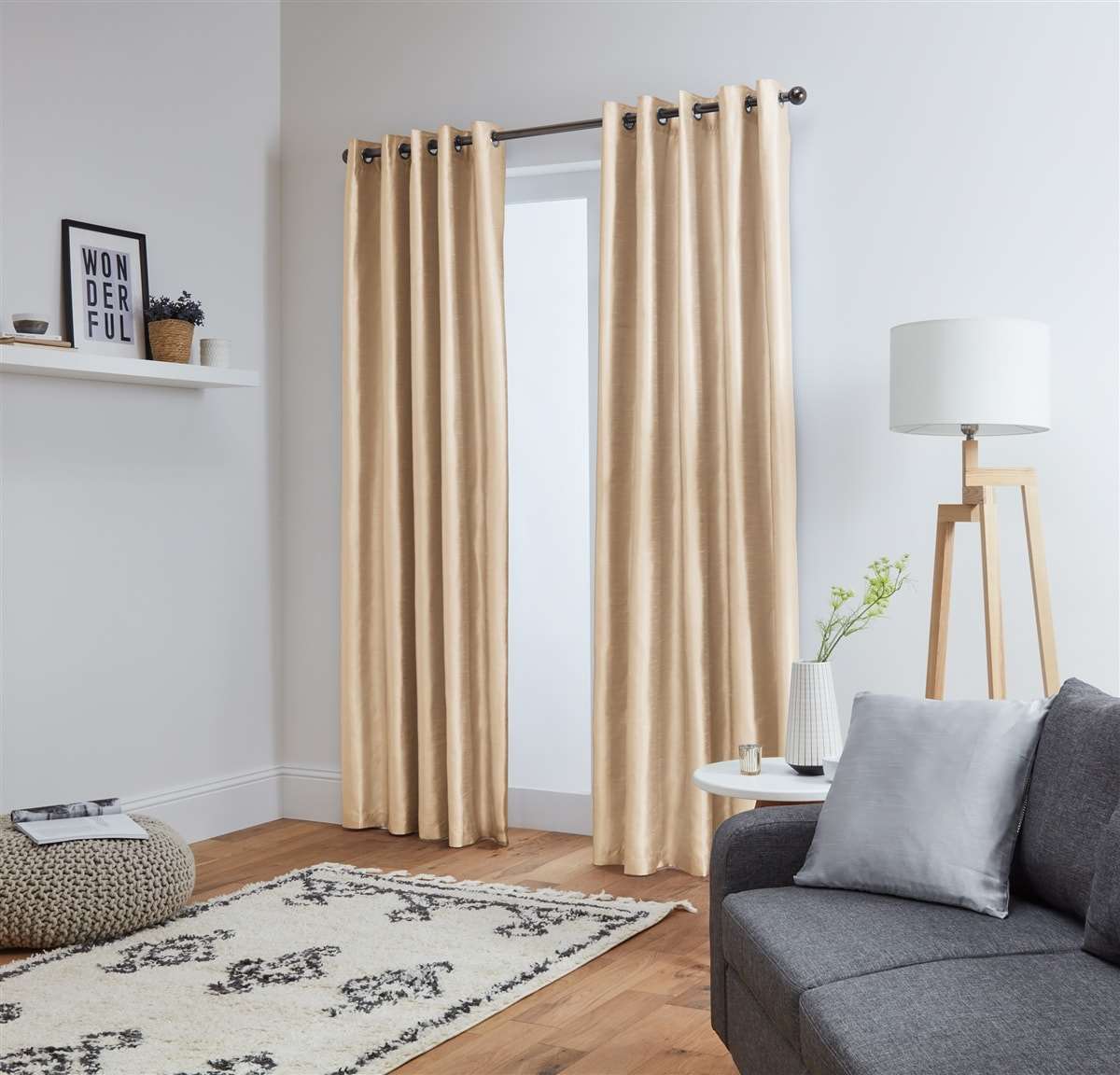 Faux Silk Eyelet Fully Lined Curtains (Cream)