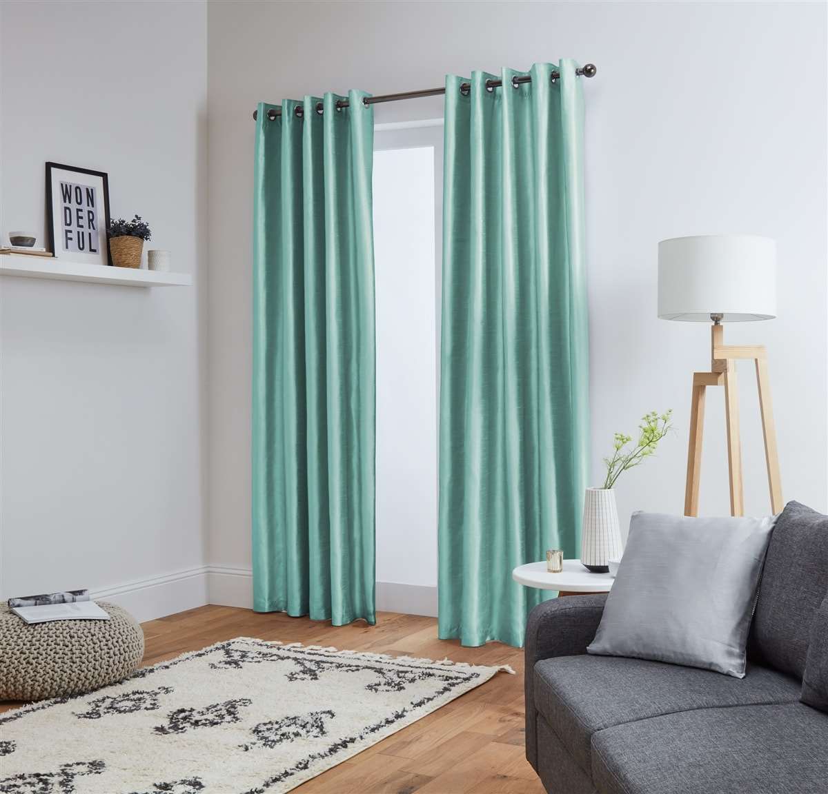 Faux Silk Eyelet Fully Lined Curtains (Duck Egg)